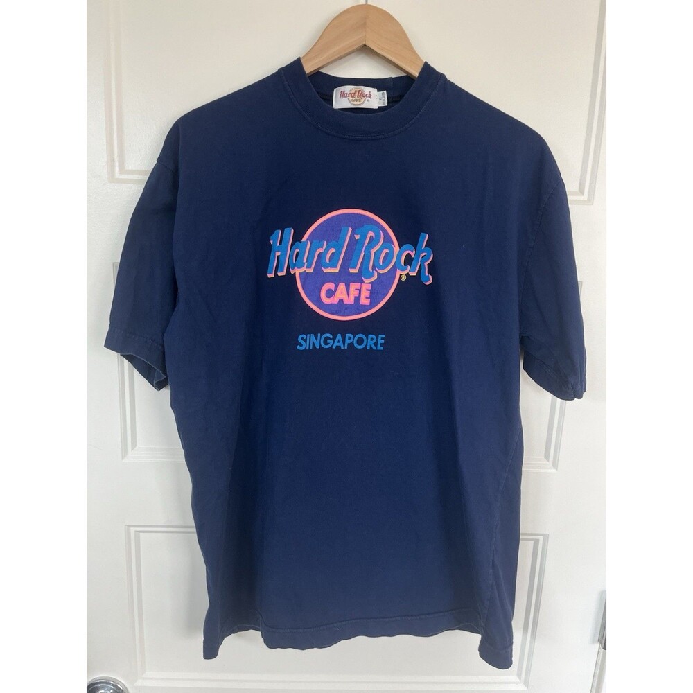 Vintage 90s Hard Rock Cafe Singapore T Shirt Neon Pastel Logo Navy Blue XL